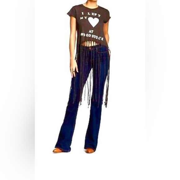 Wildfox t shirt “I left my heart at Woodstock” printed, long fringe, grey col - Picture 1 of 5